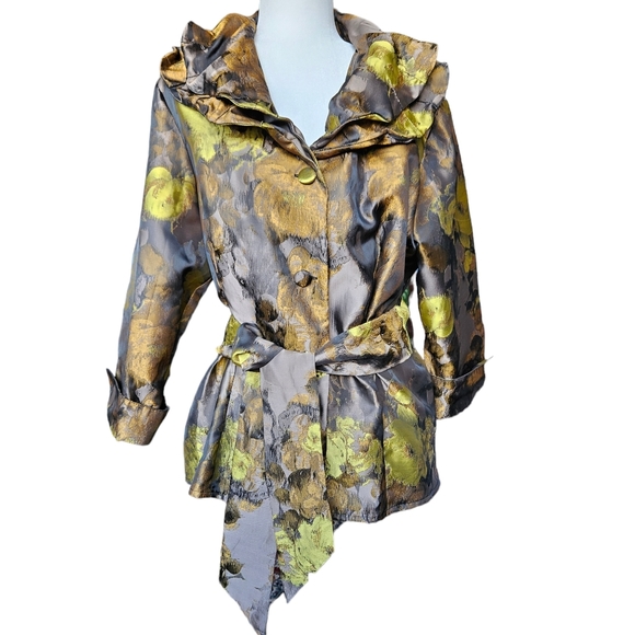 Puli cocktail formal event jacket blouse & sash shiny floral brown green grey XL - Picture 1 of 16
